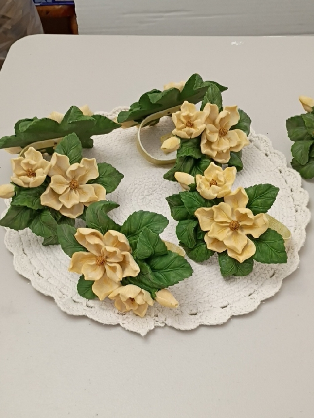 Vintage Magnolia Cream Floral Wall Hooks with Green Leaves Cottage Core